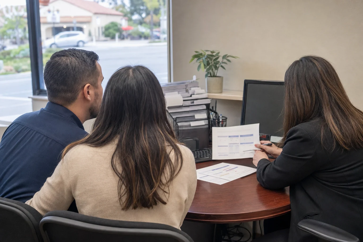 Insurance agent at a round wood desk showing a printed comparison sheet to a seated couple, with a window onto a sunny street with a tile-roofed building behind