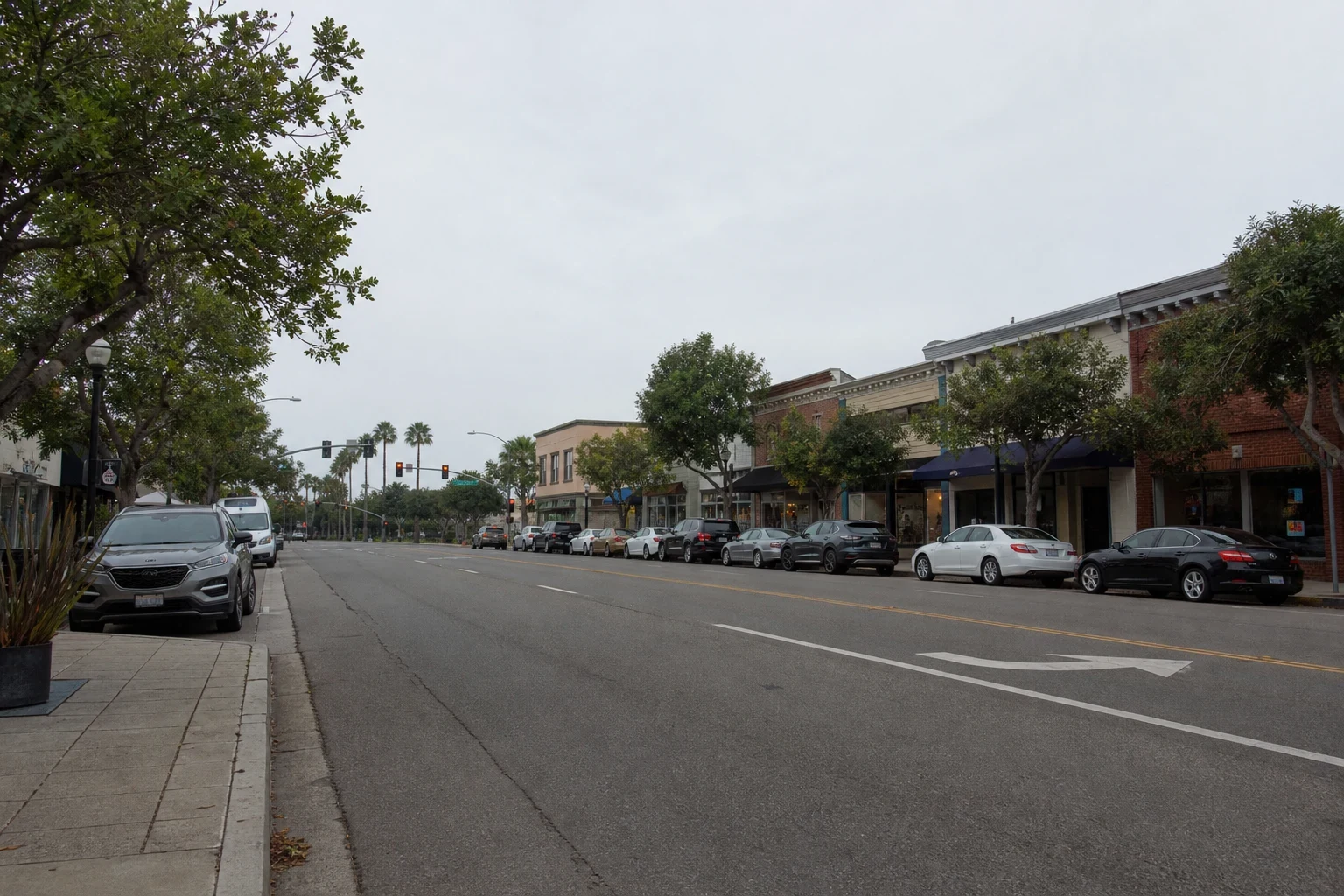 Overcast morning on a wide downtown street lined with two-story brick and stucco storefronts, parked cars, street trees and palm trees near a traffic light