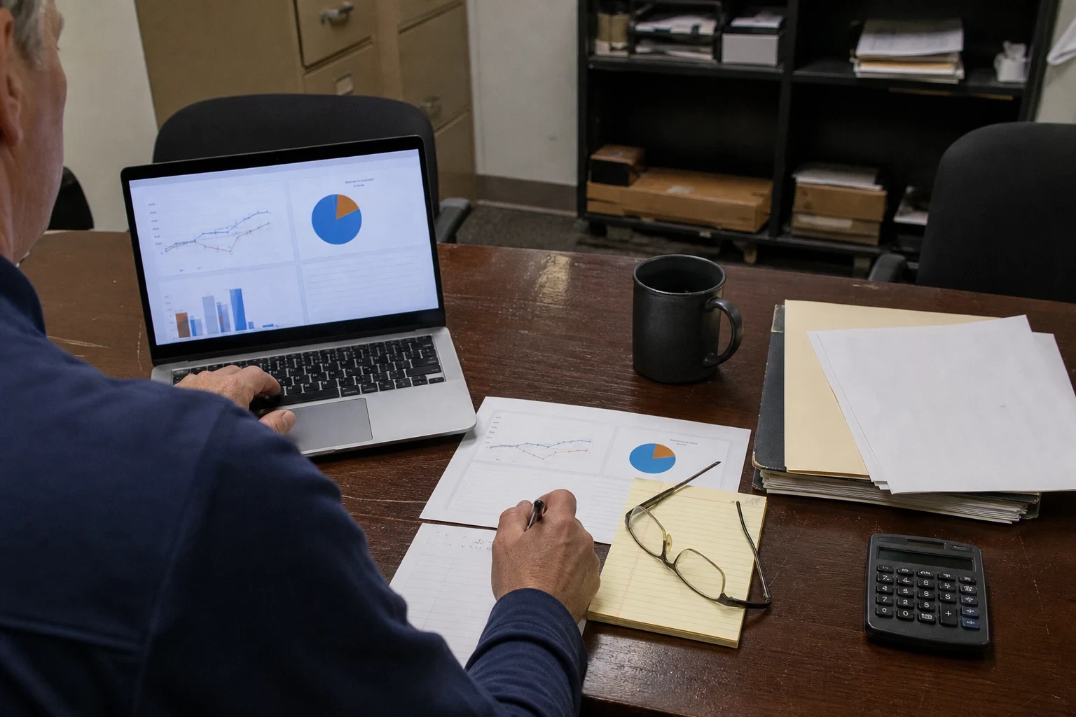 Over-the-shoulder view of a man at a wooden office desk reviewing charts on a laptop and printed page, with legal pad, glasses, calculator, mug and folders nearby