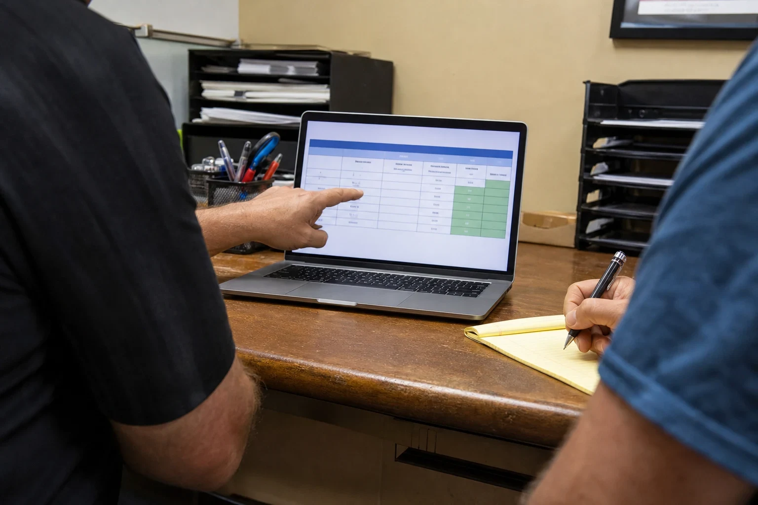 Two men at a worn wooden office desk; one points at a spreadsheet on a laptop while the other takes notes on a yellow legal pad, with paper trays and a pen cup nearby.