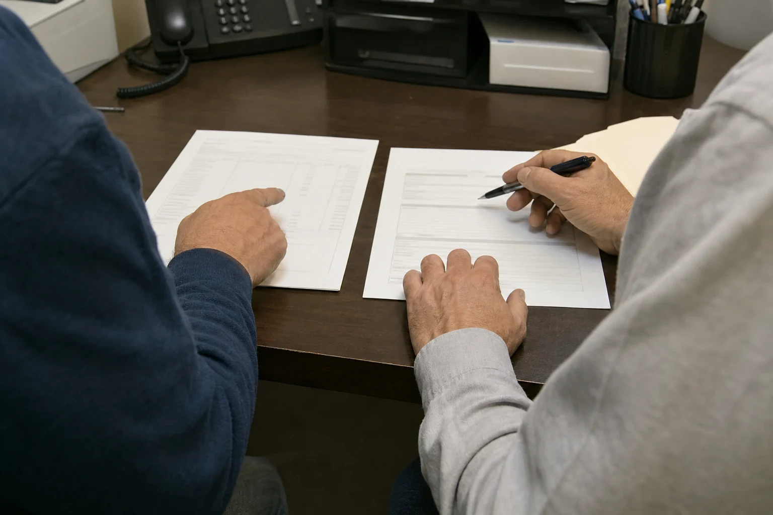 Two people seated at a dark wood office desk review two printed documents side by side, one pointing at a statement while the other holds a pen over a form.