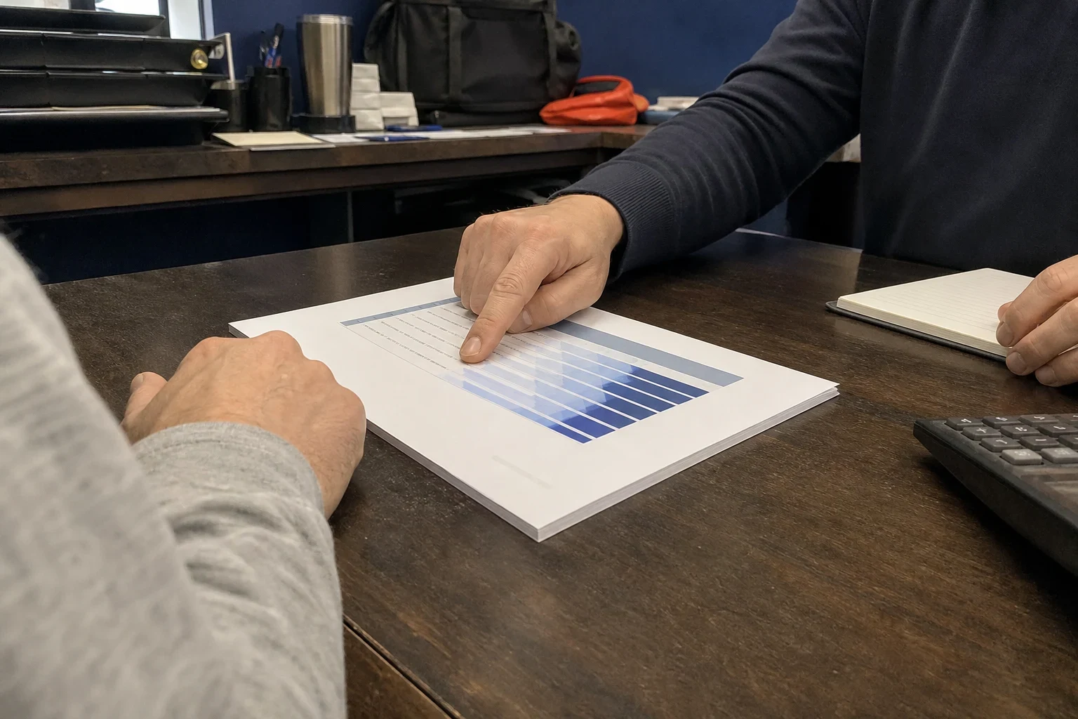 An agent's finger points to a blue bar chart on a printed page on a dark wood desk while a client's hand rests nearby in a small back office.